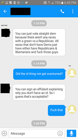 Illustration for article titled Early voted today. Texting with my brother while in line.